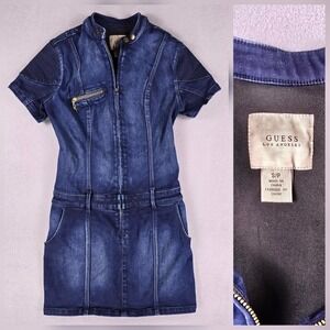 Guess Denim Dress Womens Small Vtg‎ 90s Y2k Retro Front Zip Mini  Streetwear